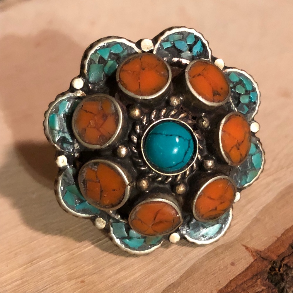 Vintage Coral + Turquoise Statement Ring